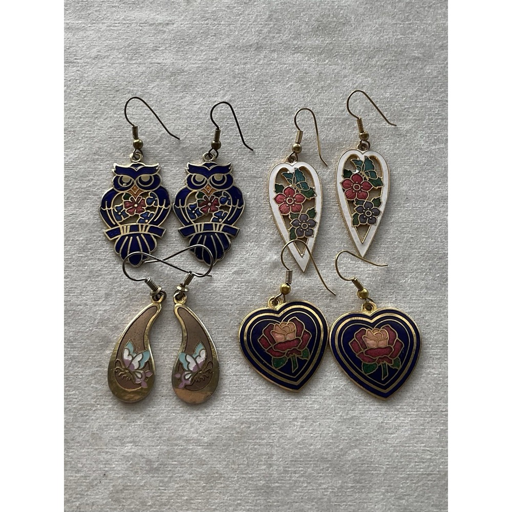 Lot Of 4 Pairs Cloisonné Earrings Owl Floral Dangle Vintage Estate Jewelry